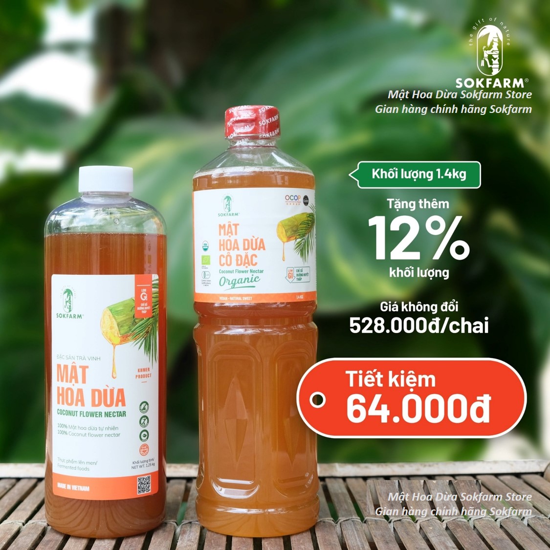 Mật hoa dừa Sokfarm 1.4kg, mật hoa dừa cô đặc thay thế đường và mật ong có chỉ số đường huyết thấp dinh dưỡng cho người tiểu đường