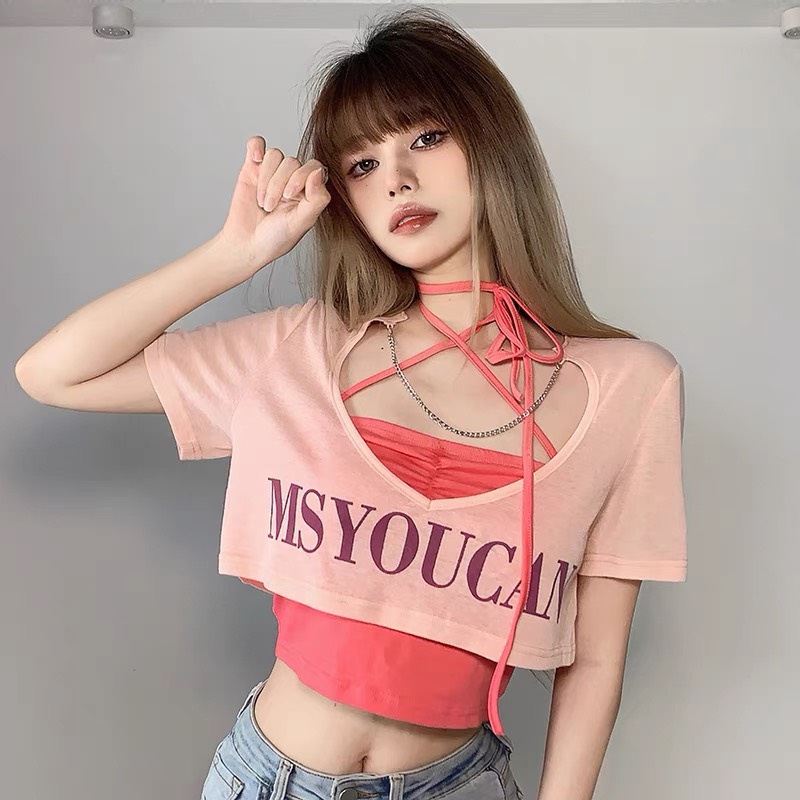 Áo Croptop Set 2 Áo Tay Ngắn PINKSTORE29 Dáng Rộng In Chữ MSYOUCAN A5428