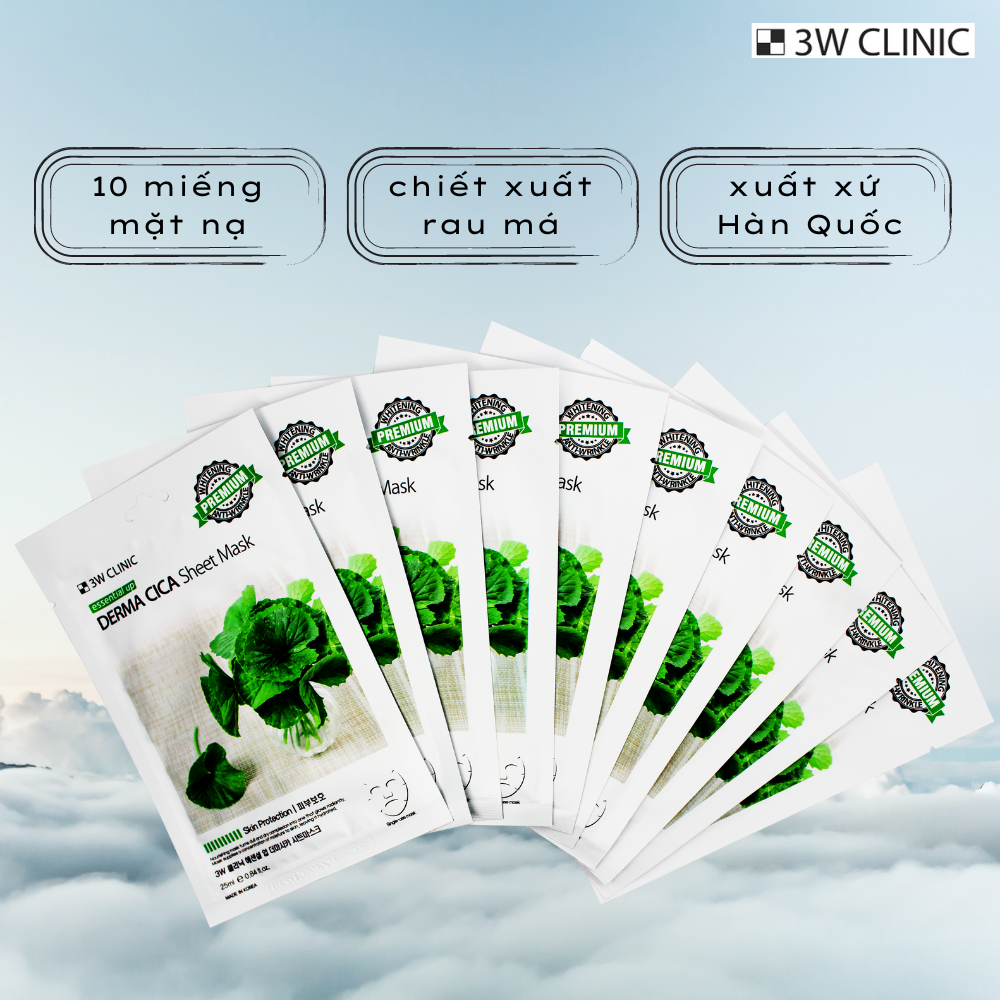 Hộp 10 Miếng Mặt nạ Rau Má Dưỡng Da Cao Cấp Hàn Quốc 3W Clinic Essential Up Derma Cica 25ml x10