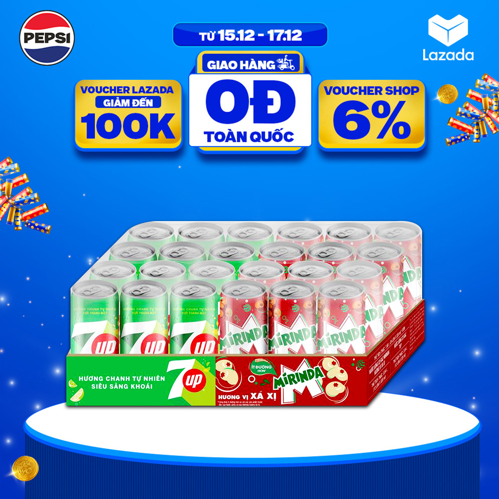   SALE 15.12  Thùng 24 Lon Nước Ngọt Giải Khát Có Gaz Mix 7Up & Mirinda Xá Xị  320ml lon  