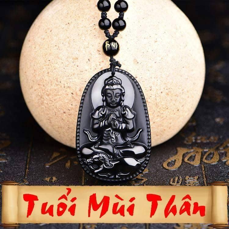 Dây chuyền/ Vòng cổ/ Chuỗi hạt đeo cổ Phật bản mệnh cao cao cấp - Như Lai Đại Nhật, Độ Mệnh cho Người Tuổi Mùi và Tuổi Thân - Đá đá obsidian đen