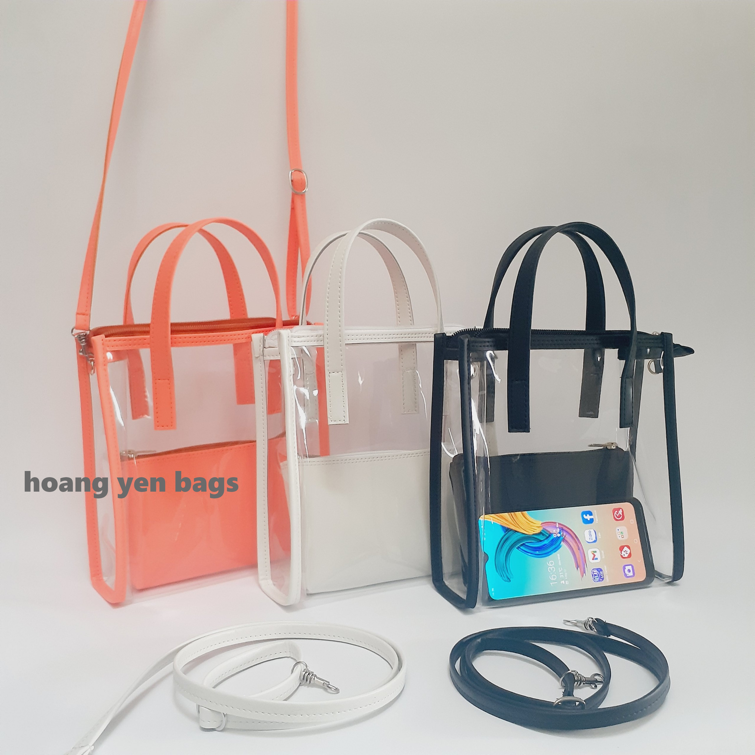 [HCM] túi tote trong suốt 2 in 1, xách tay, đeo chéo,có dây khóa kéo, đựng được điện thoại cỡ lớn ,có dây đeo chéo đồng bộ