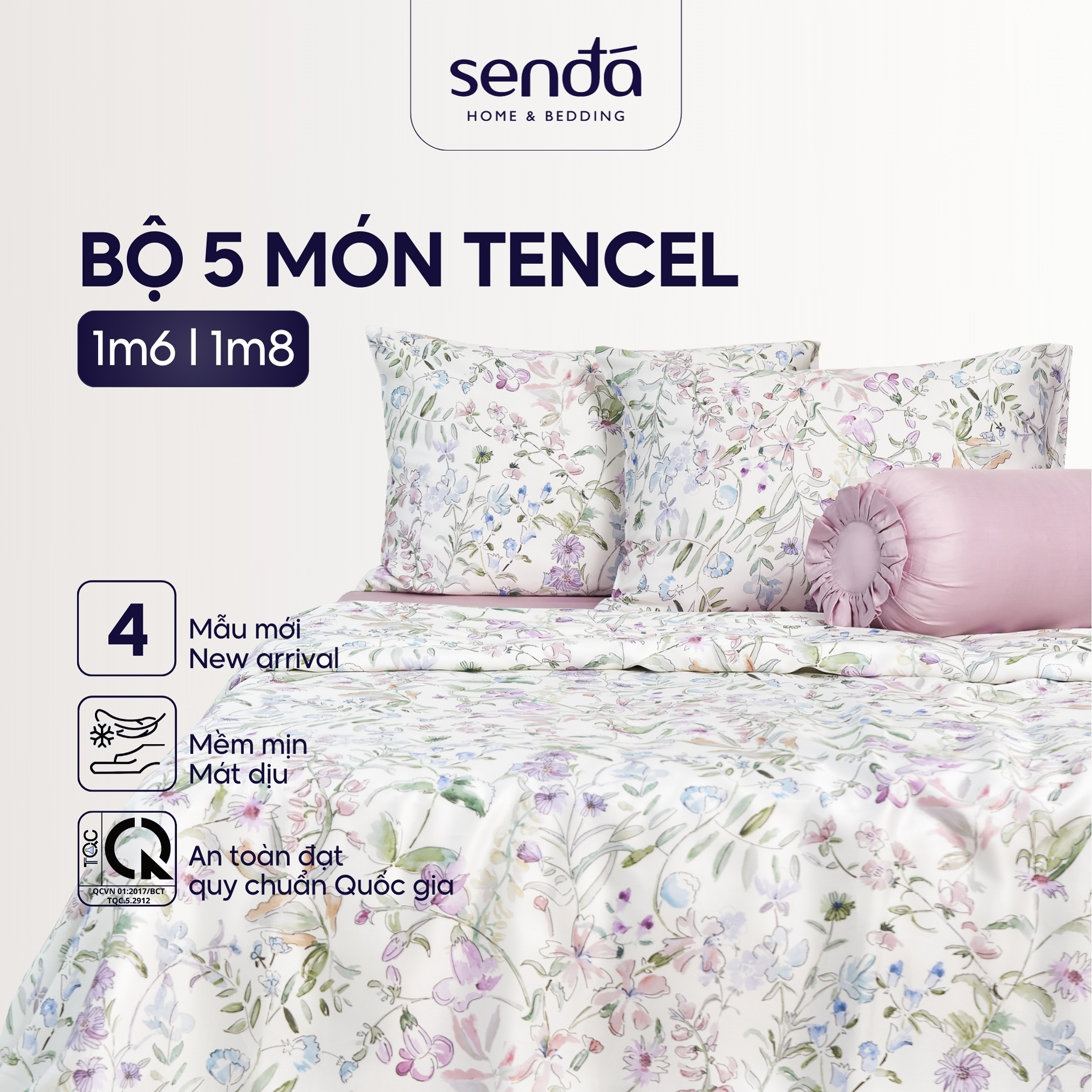 Bộ chăn ga gối 5 món Lụa Tencel Sen Đá Home Bedding cao cấp họa tiết, Set drap giường nệm 1m6 1m8 Lyocell Satin 60S