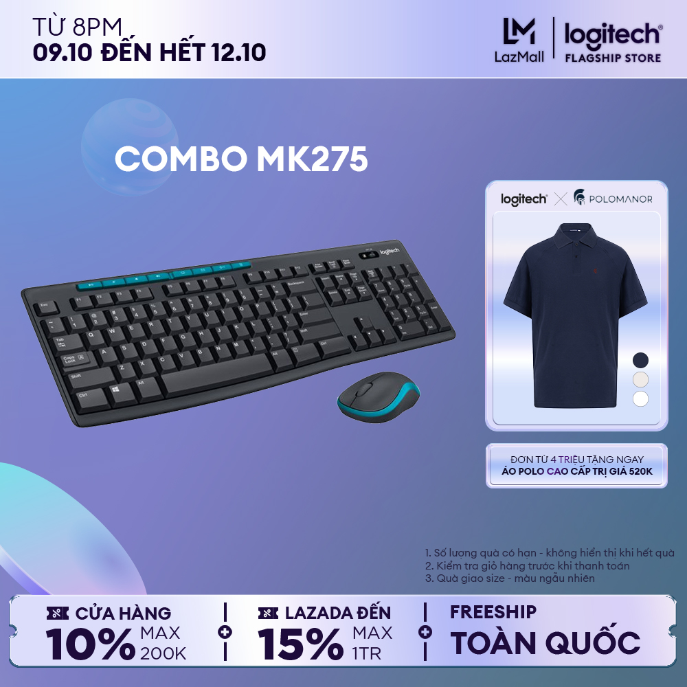Combo chuột phím không dây Logitech MK275 - Phím media và viền chuột có màu xanh nổi bật, 1 đầu thu USB, pin lâu vượt trội
