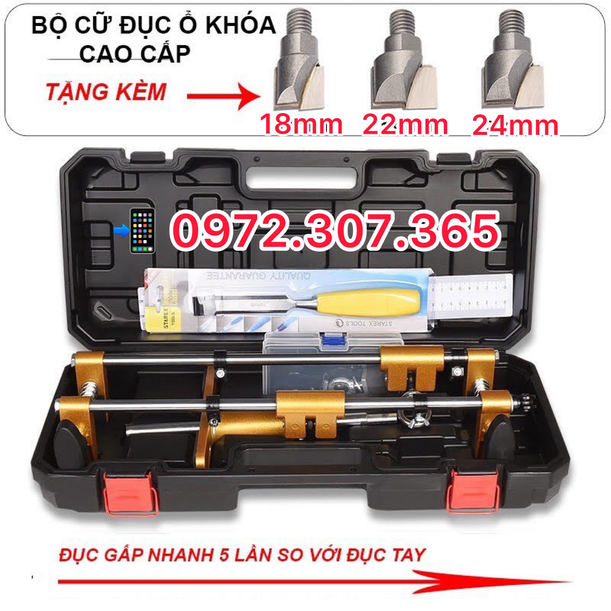 Bộ cữ đục ổ khóa cửa bằng tay cao cấp, lắp máy khoan cầm tay siêu nhanh
