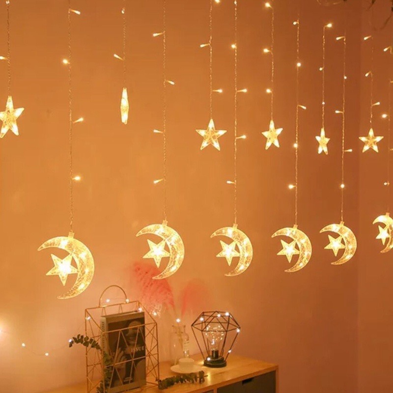 [HCM](Dùng Điện) Bộ Đèn Led Rèm Trang Trí Trăng Sao Dài 3 Mét  Có Phích Nối Decor Ban Công Quán Cafe Nhà Hàng Trang Trí Noel Tết
