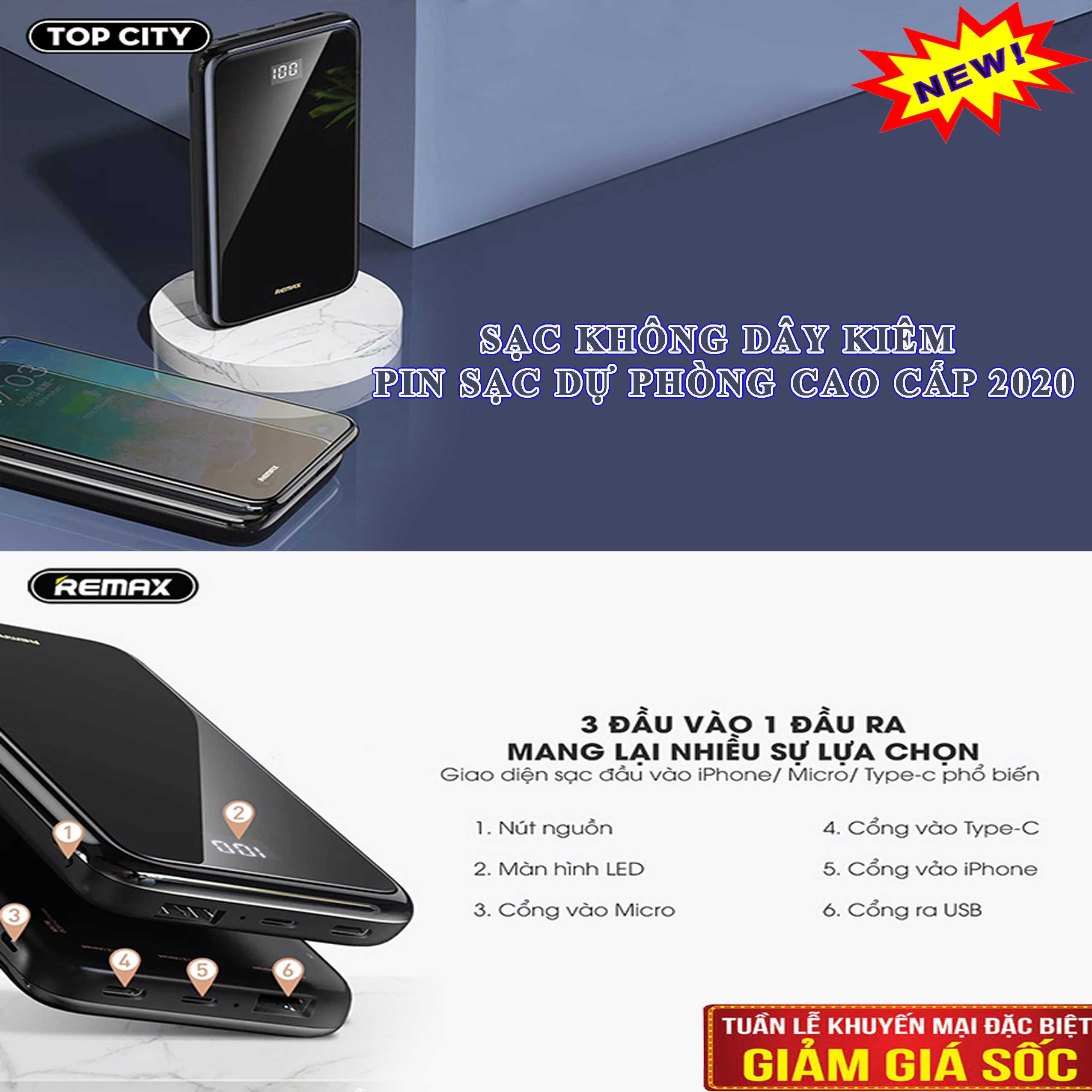[HCM]Pin sạc dự phòng thông minh 2in1SẠC DỰ PHÒNG KIÊM SẠC KHÔNG DÂY REMAX RPP - 133 cao cấp chất lương bảo hành uy tín 1 đổi 1 trong 12 tháng trên toàn quốc.(SALE GIÁ GỐC)