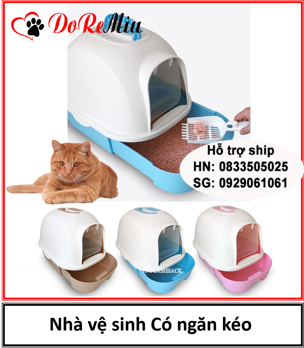 Doremiu - Nhà vệ sinh cho mèo dưới 10kg dạng hộp kín có ngăn kéo siêu to đựng cát vệ sinh mèo