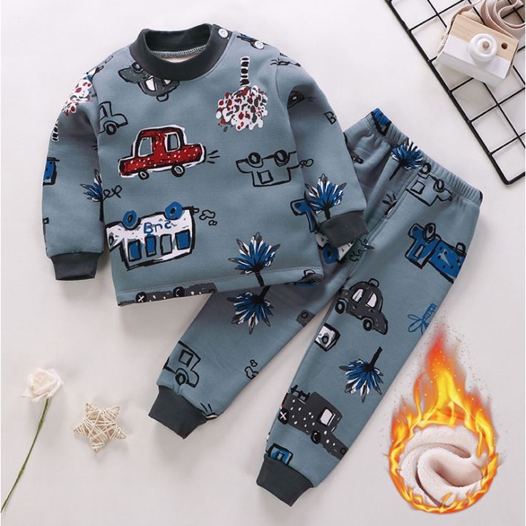 Bộ Quần Áo Thun Cotton Thu Đông Dài Tay Lót Nhung Dày Dặn Cho Bé Trai Màu Xanh Ô tô - Me Yeu Con - Từ 7- Kg