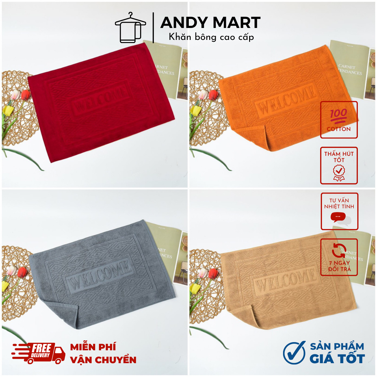 Thảm chùi chân thảm chân khách sạn cao cấp welcome 100% cotton dày dặn thấm hút 40x60cm