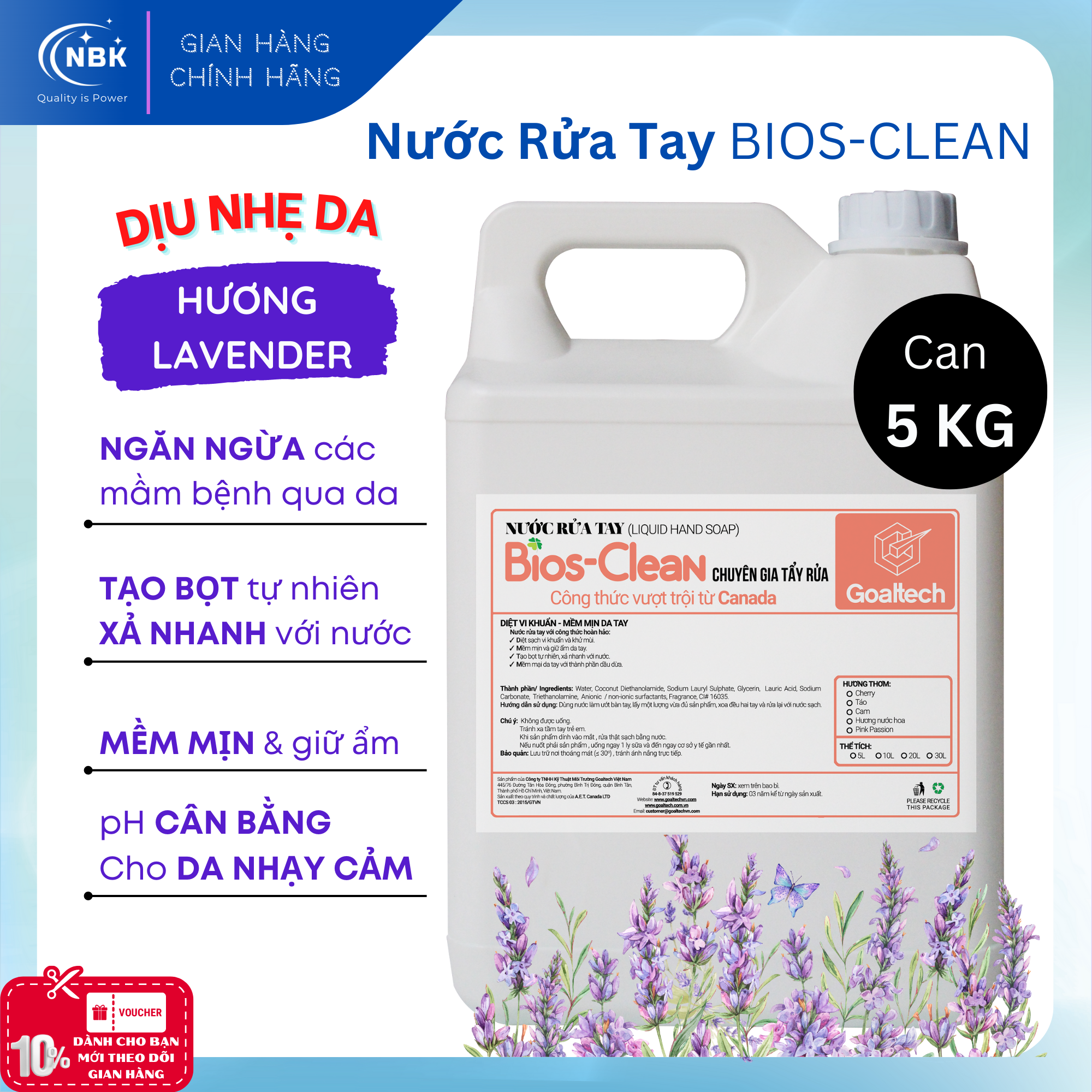 Nước Rửa Tay BIOS Hương Lavender Can 5 Kg - Xà phòng, Xà bông rửa tay, Dung dịch rửa tay tạo bọt - Mềm mịn giữ ẩm da tay, Hương thơm dịu nhẹ