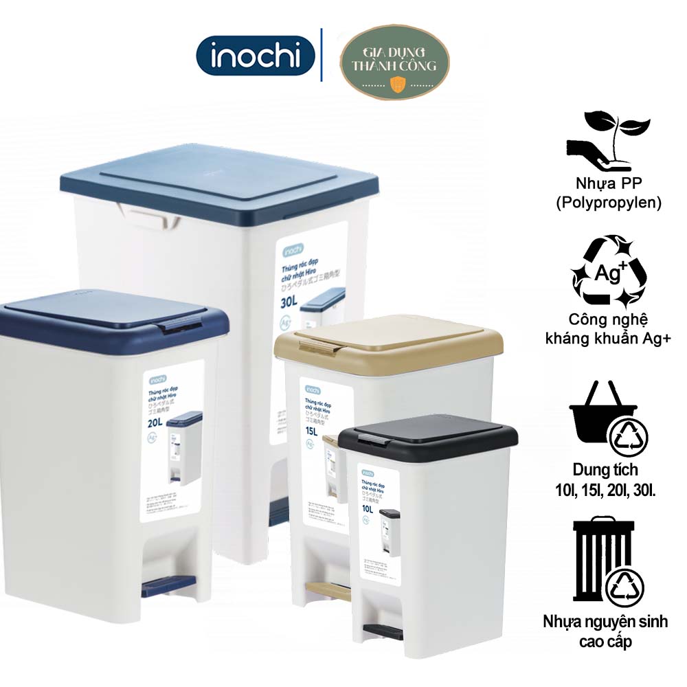 Thùng rác nhựa đạp chân hiro có lõi nắp đậy chữ nhật inochi tiêu chuẩn xuất nhật - châu âu - eu
