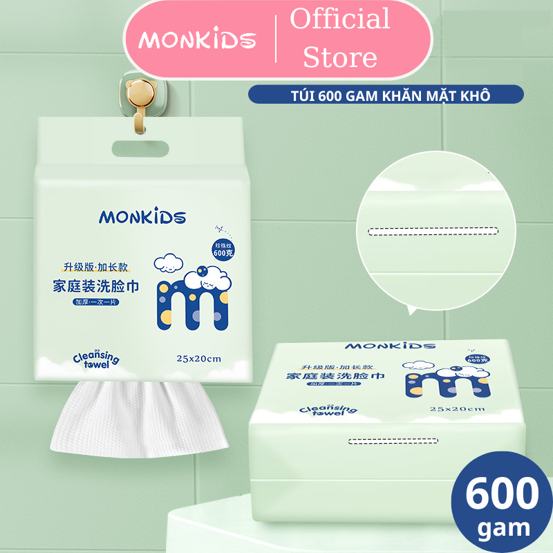 Túi 600 gam khăn lau mặt dùng 1 lần MONKIDS khăn mặt khô cotton mềm cuộn 260 gam lau khô, lau ướt kích thước 25 x 20 cm