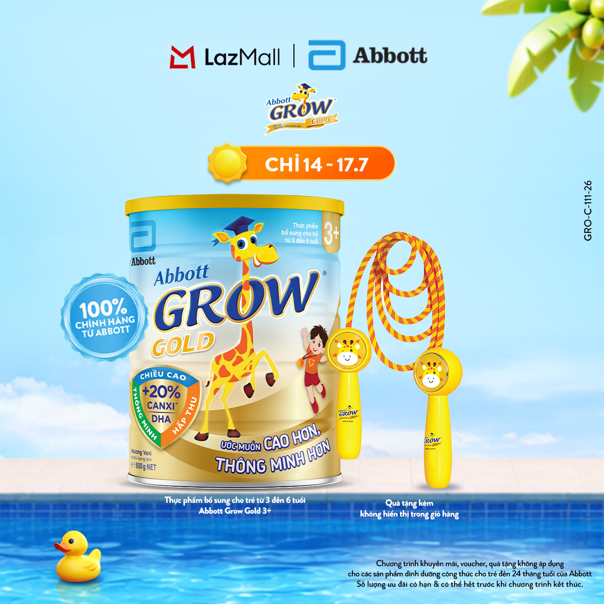 Lon sữa bột Abbott Grow Gold 3+ 800g tặng 1 Dây nhảy thể dục Grow