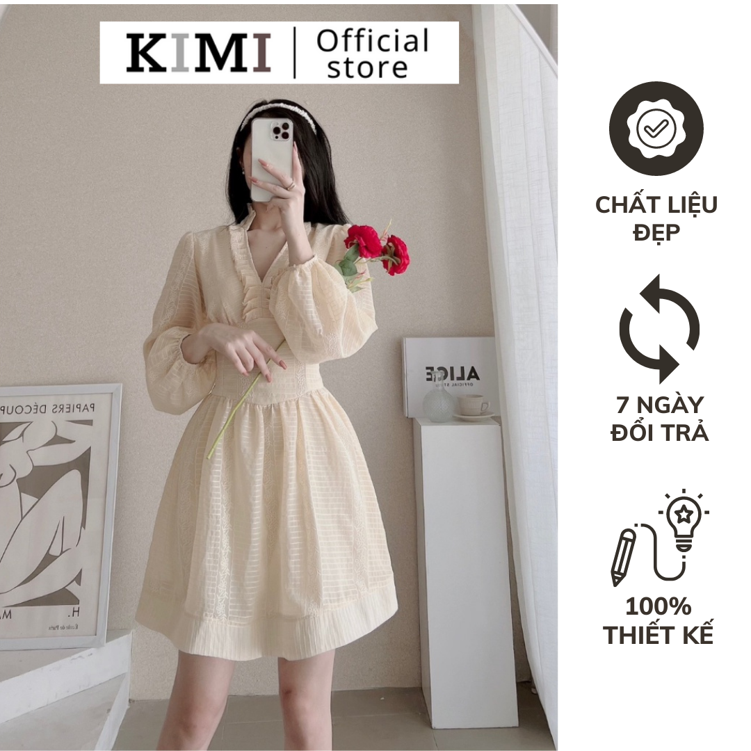 Váy ren tiểu thư cổ bèo kimi, thiết kế chiết eo dáng xòe phối tay bồng sang chảnh v758 kèm ảnh thật
