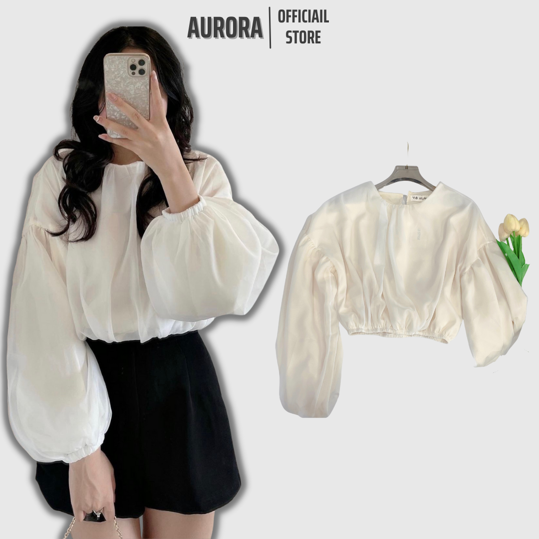 Áo voan kiểu croptop tay bồng cổ tròn bo eo tôn dáng