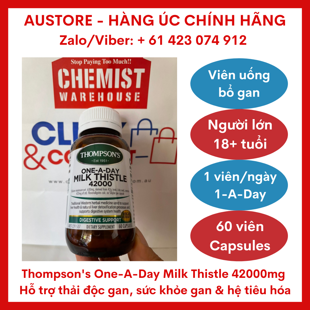 [Bill Úc, Date mới] Thompson's One-A-Day Milk Thistle 42000mg 60 Capsules - Viên uống  bổ gan, thải độc gan Thompson Milk Thistle 1 viên/ngày giúp tăng cường chức năng gan, duy trì sức khỏe túi mật