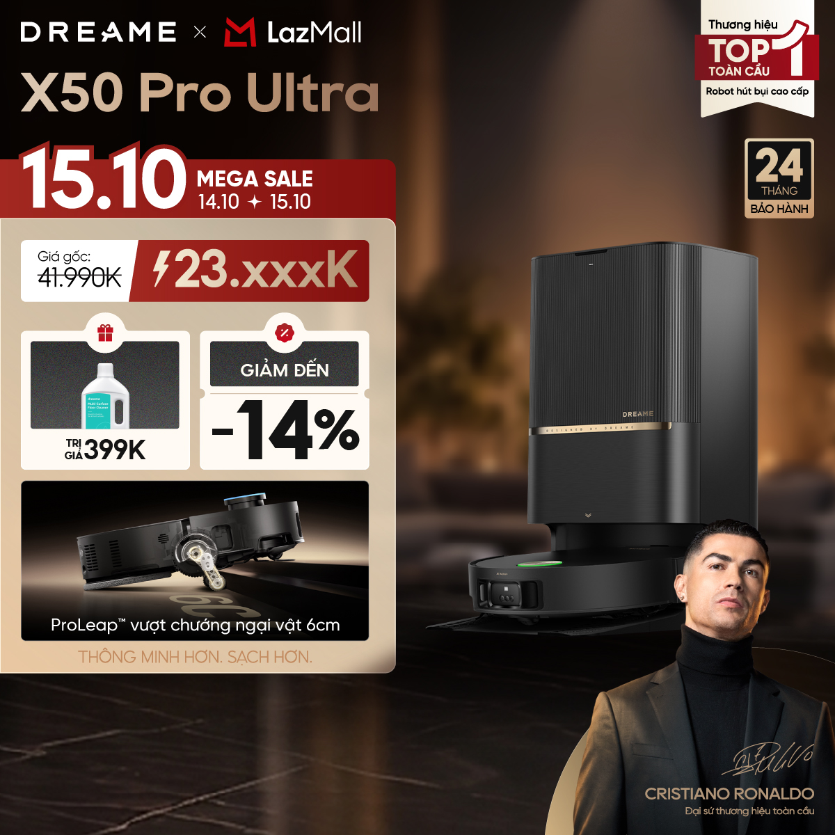 Dreame X50 Pro Ultra Smart Robot Vacuum Cleaner |   Suction Force 30,000Pa |   Clean the Floor with Warm Water 40 ° C |   24-Month Warranty