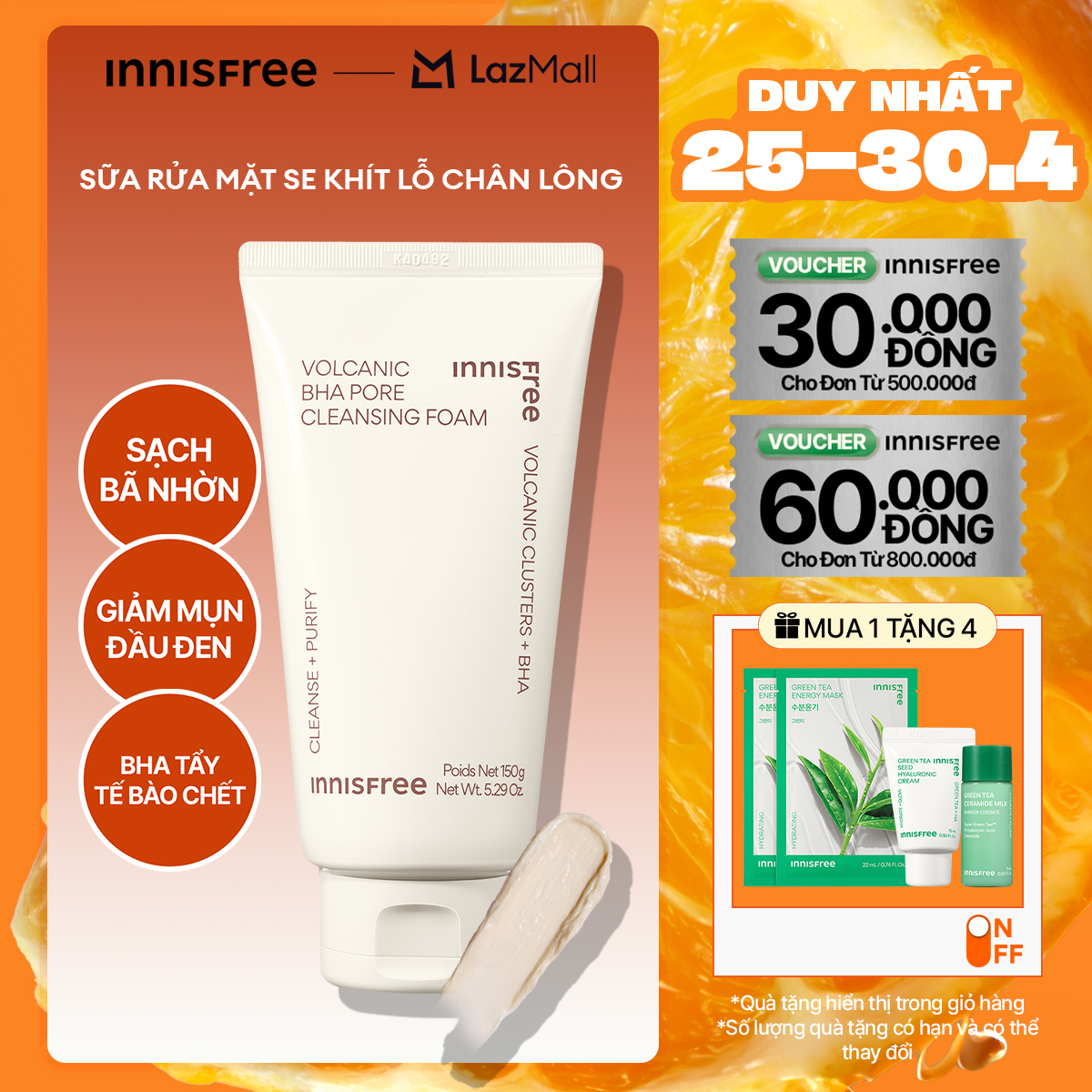 Sữa rửa mặt tro núi lửa sạch sâu se khít lỗ chân lông INNISFREE Volcanic Pore BHA Cleansing Foam