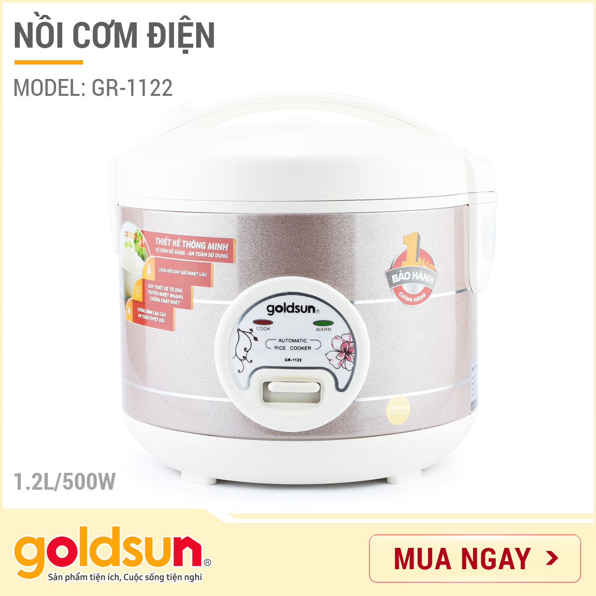 Nồi cơm điện goldsun 1,2 lít gr-1122 - công suất 500w - hàng chính hãng - bảo hành 12 tháng