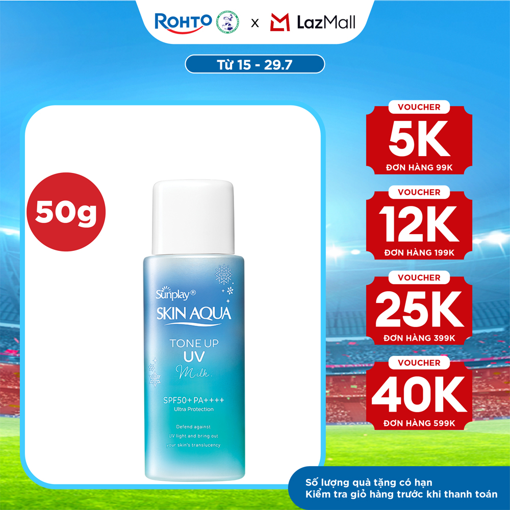 Kem chống nắng nâng tông Skin Aqua Tone up Blue cho da vàng có khuyết điểm đỏ, dạng sữa Sunplay Skin Aqua Tone Up UV Milk Blue SPF 50+ PA++++ 50g
