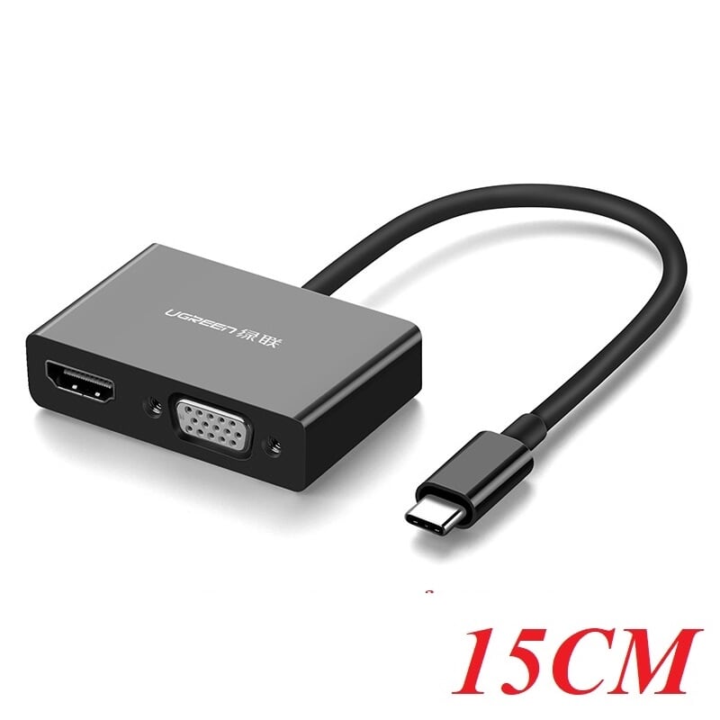 Ugreen 50509 15cm màu đen bộ chuyển đổi type c sang hdmi + vga vỏ bọc nhựa abs cm178