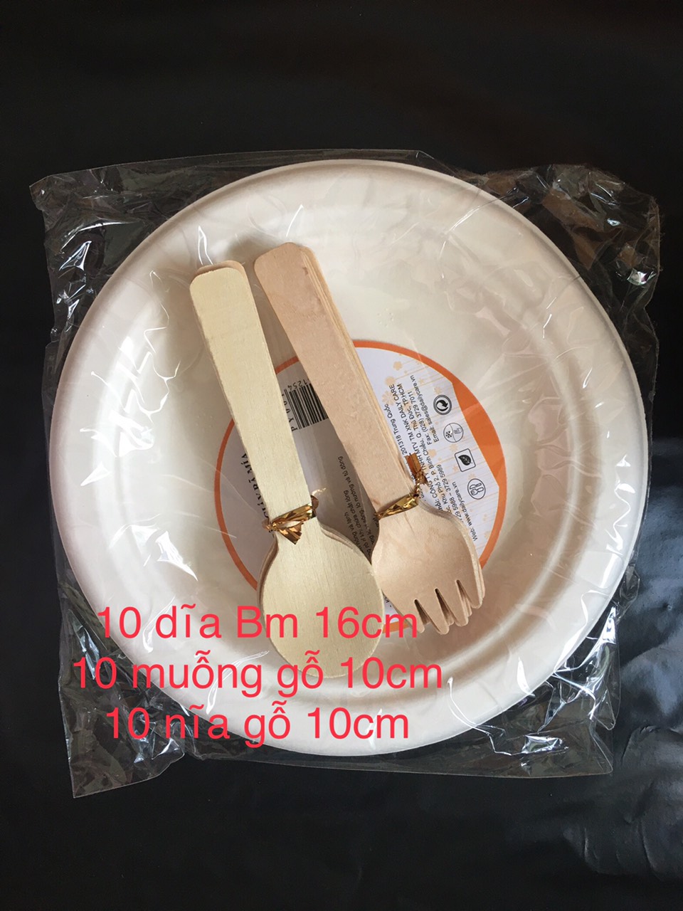 Combo 10 dĩa giấy bm 16cm + 10 muỗng gỗ + 10 nĩa gỗ