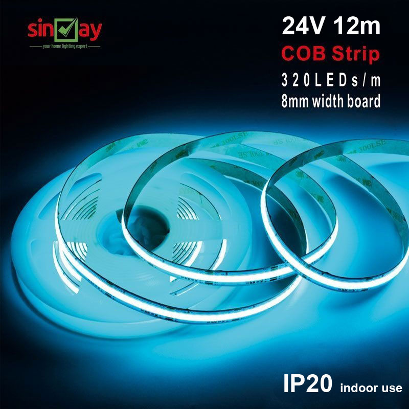 Sinvay 24V COB Dải đèn linh hoạt LED 320LEDs/m 8mm Chiều rộng Màu xanh băng 12m per roll