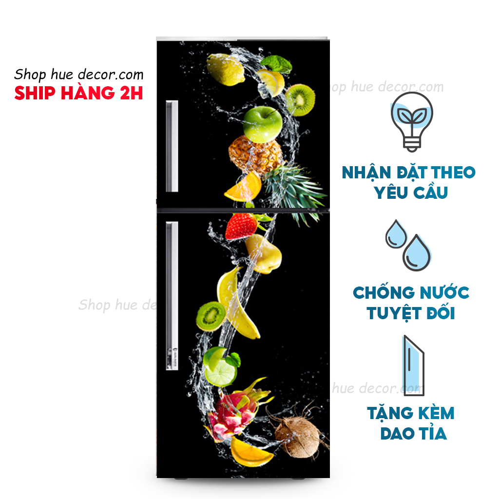 Decal dán tủ lạnh trang trí, giấy dán tủ lạnh hue decor họa tiết hoa quả nhiệt đới chống nước sẵn keo, siêu bền giá tốt, nhận thiết kế theo yêu cầu