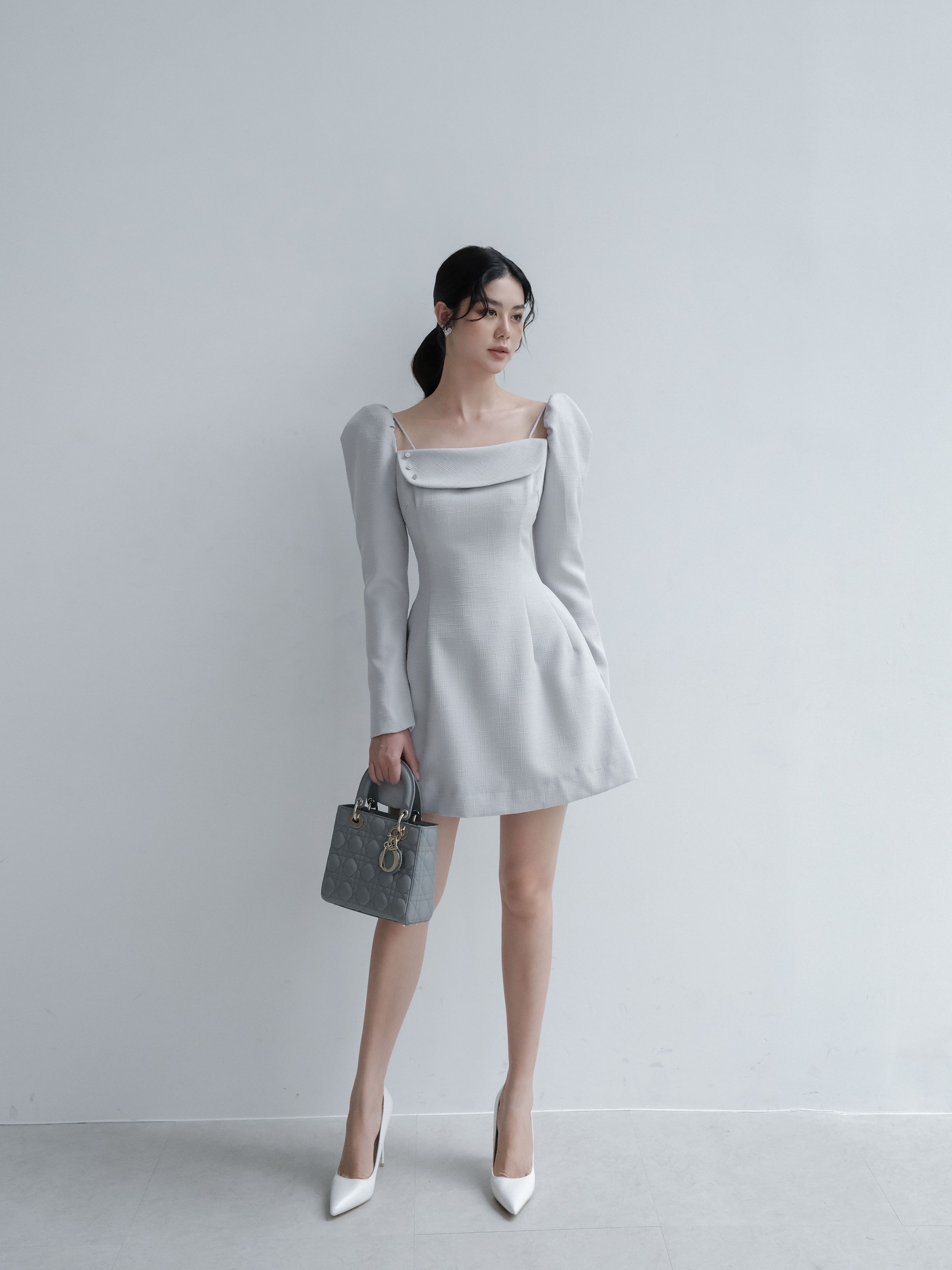 TRIO JI đầm thiết kế váy tiểu thư nữ GRACE họa tiết cổ vuông gam màu trung tính trẻ trung thanh lịch chiết eo 2 lớp đứng form - GRACE Dress