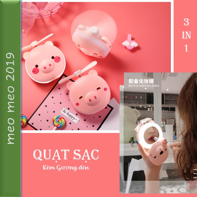 Gương mini cầm tay bỏ túi kèm đèn led và quạt 3 in 1 cắm sạc USB tiện lợi
