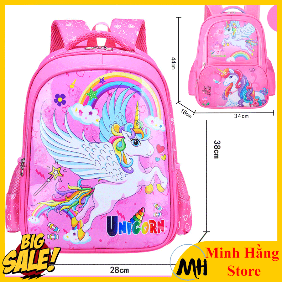 [CHỌN SIZE] Balo đi học cho bé gái từ lớp 1 đến lớp 9 hình Ngựa Pegasus siêu đẹp, Cặp sách học sinh tiểu học trung học chống thấm nước màu hồng dễ thương