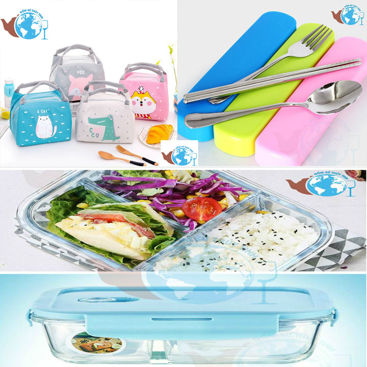 Hộp túi mang cơm văn phòng - COMBO 3 món gồm Hộp đựng cơm thủy tinh 3 ngăn kèm hộp đựng muỗng đũa nĩa, kèm túi giữ nhiệt, túi đựng cơm tiện lợi, xinh xắn