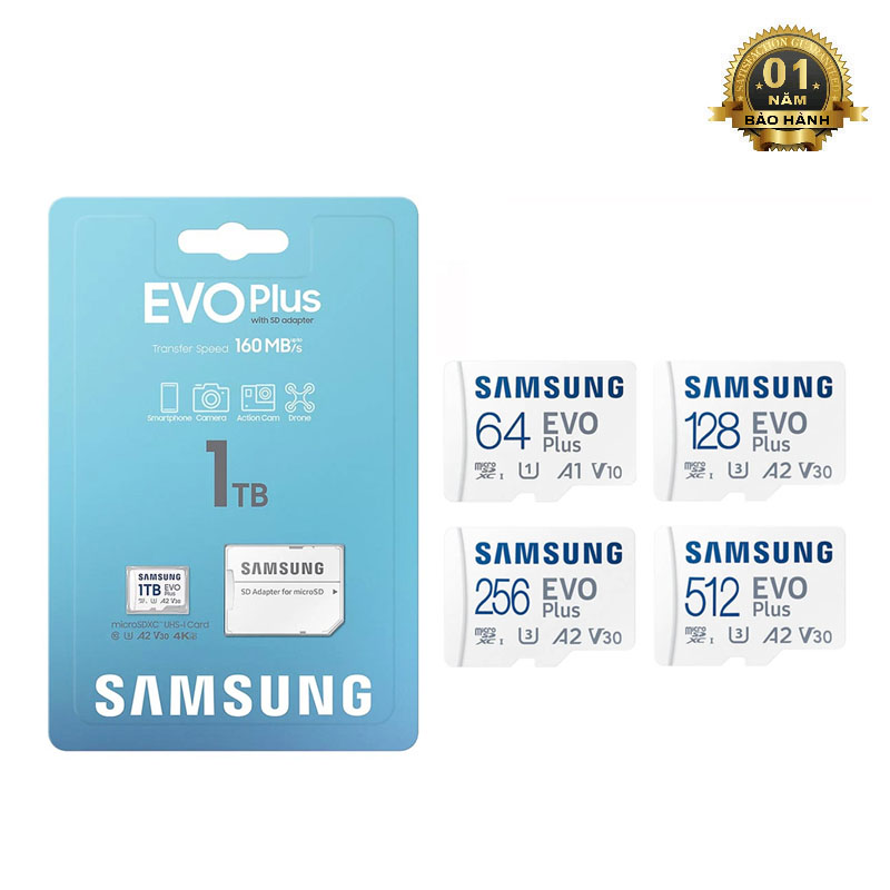 Thẻ nhớ MicroSDXC Samsung Evo Plus 1TB / 512GB U3 4K R160MB/s W60MB/s kèm Adapter box Anh (trắng) Phụ kiện 1986
