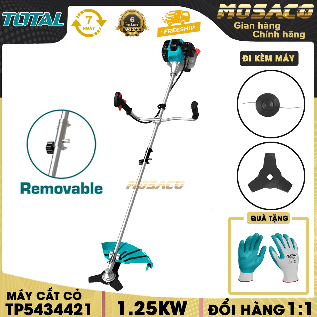 Máy cắt cỏ total tp5434421 1.25kw kèm lưỡi cắt. máy cắt cỏ dùng xăng mô tơ 2 thì mạnh mẽ, hai chức năng tông đơ và cắt, xi lanh đơn, chế độ tự làm mát động cơ ống treo 2.4mmx4m - mosaco