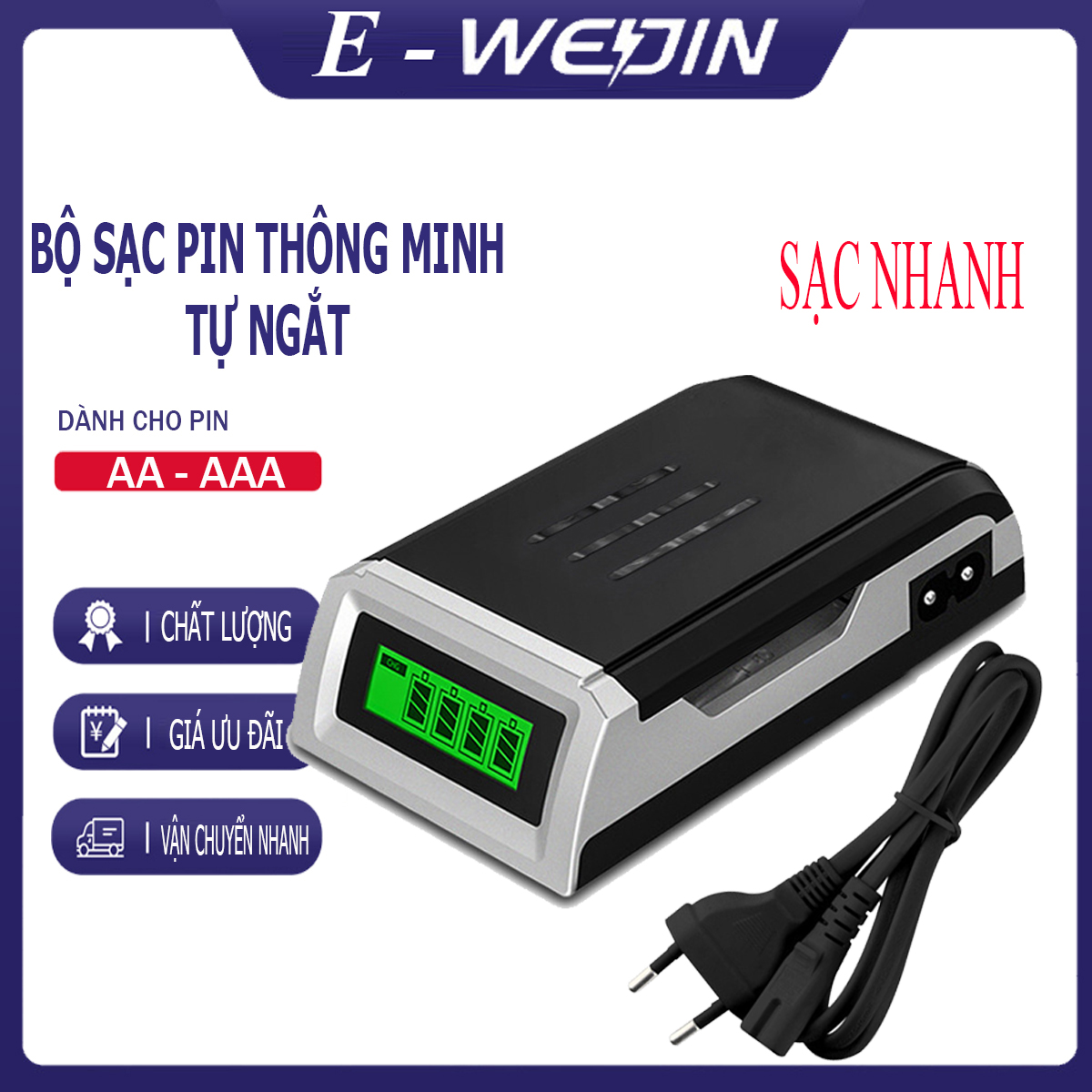Bộ sạc pin aa, aaa tự ngắt tốc độ cao hiển thị màn hình lcd k209 đen - doublepow
