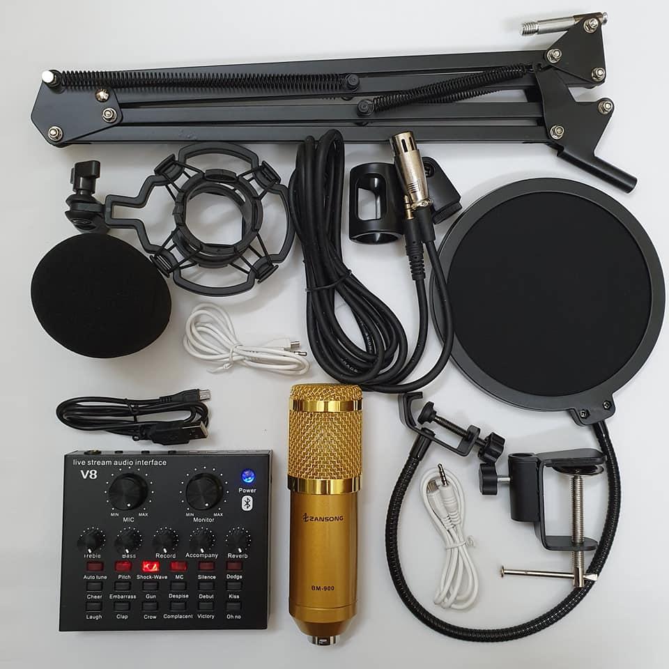 combo Bộ Míc Thu Âm Livestream Hát Karaoke Online Micro ZANGSONG BM-900 CARD V8 Bluetooth Chân Kep Màng Lọc -BH 6 tháng
