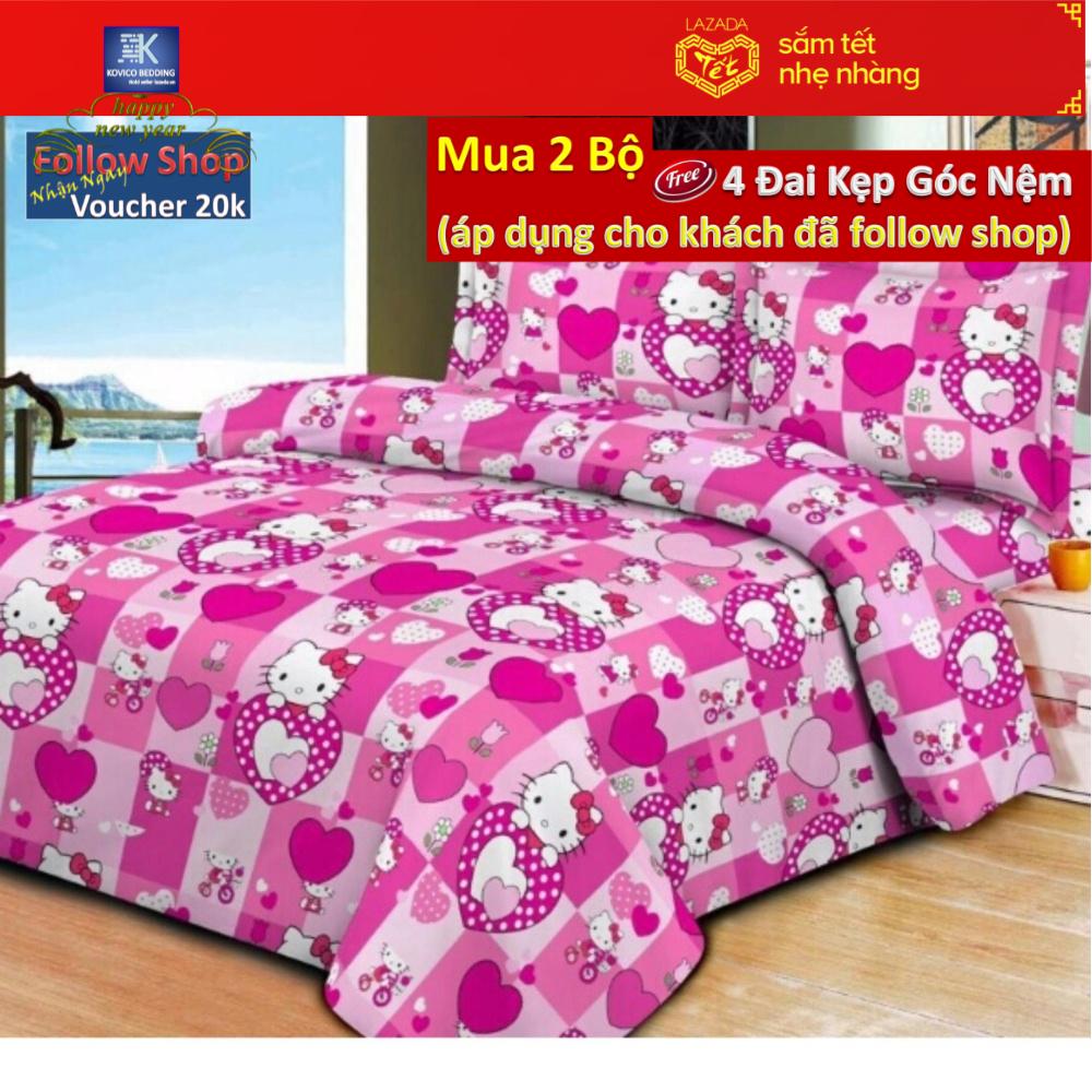 Bộ chần bông 5 món chăn ga gối kitty kẻ tim 180x200