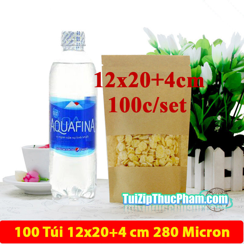 100 cái túi zip size 12x20cm Túi giấy kraft vàng có cửa sổ tràn viền, túi zip giấy phủ CPP chuẩn đựng thực phẩm chất lượng cao giá rẻ, nhận in logo từ 1 túi