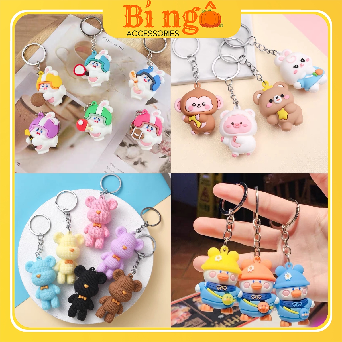 Móc khoá silicon hình thú dễ thương, móc khoá treo balo cute hình gấu, phụ kiện trang trí hoạt hình - Bí Ngô - MK002