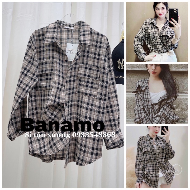 Áo sơ mi nữ form rộng tay dài kẻ caro Áo sơ mi kẻ 2 túi ngực unisex 3918
