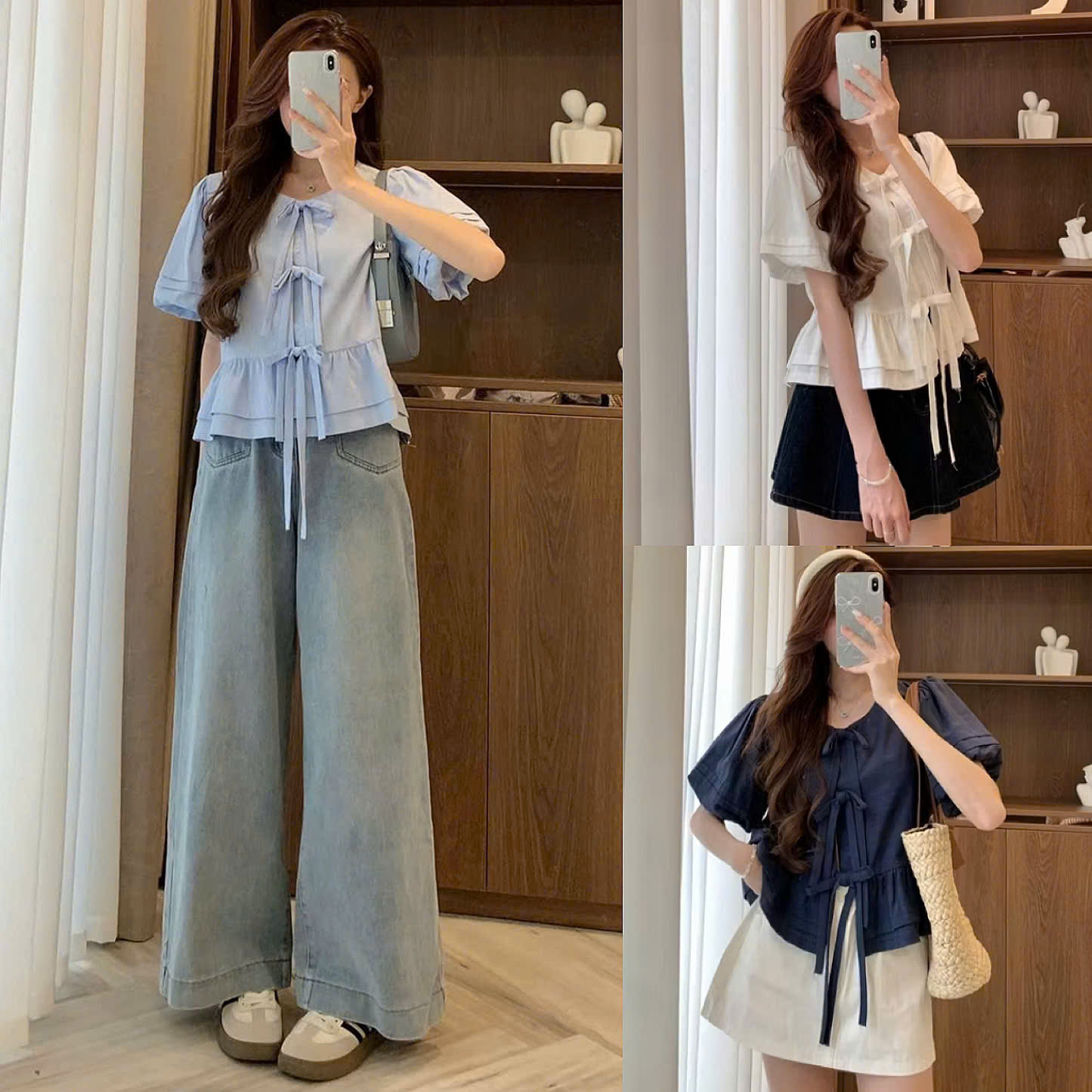  Áo sơ mi nữ A.750 Áo sơ mi cổ tròn tay bồng dáng babydoll phối 3 nơ nẹp ngực dễ thương - Shop Chấm Bi 