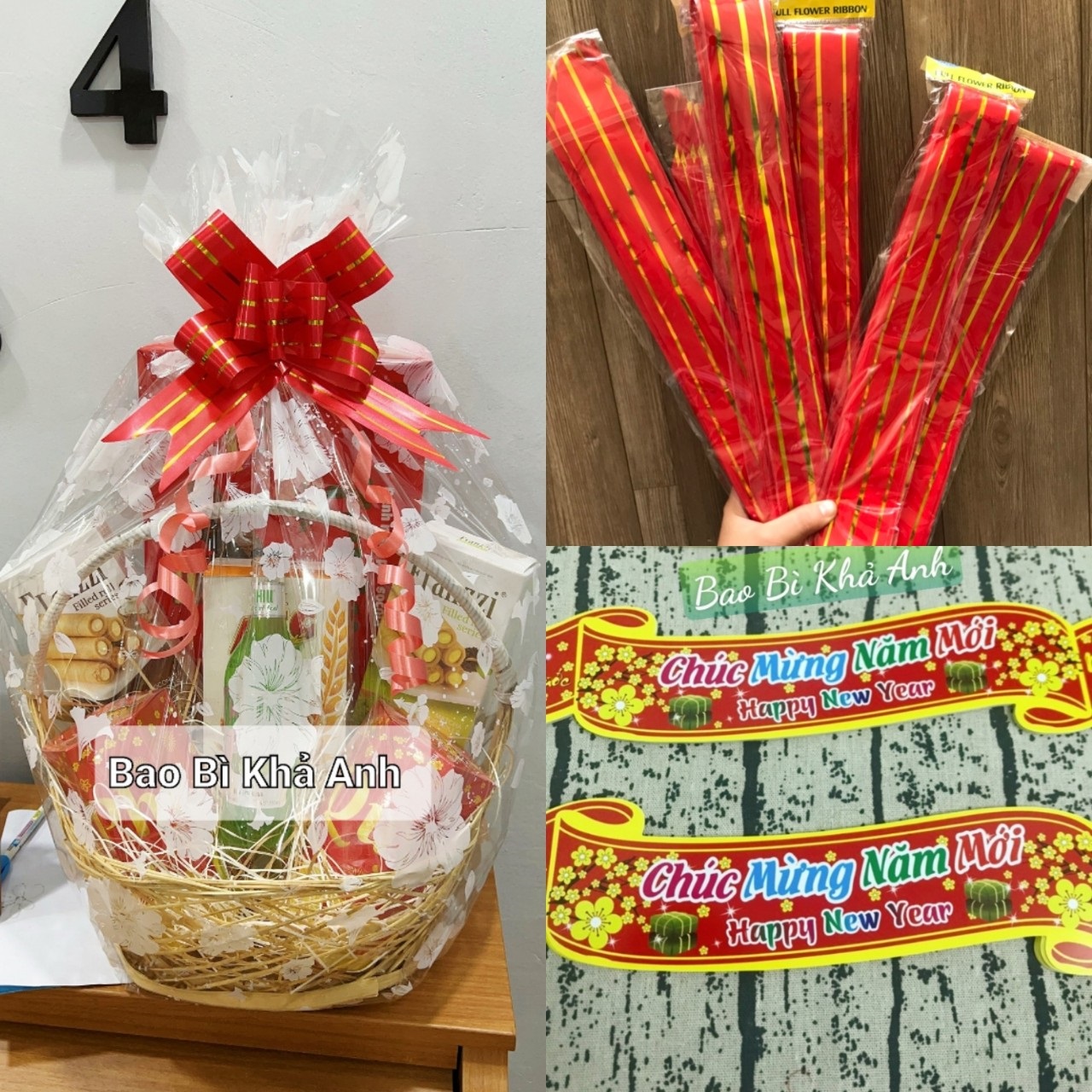 COMBO 30 cái Túi Kiếng gói quà size 70x100cm + 30 cái NƠ + 30 Cái miếng dán chúc mừng năm mới Nhâm Dần 2022 - Trang trí giỏ Quà tết Siêu xinh