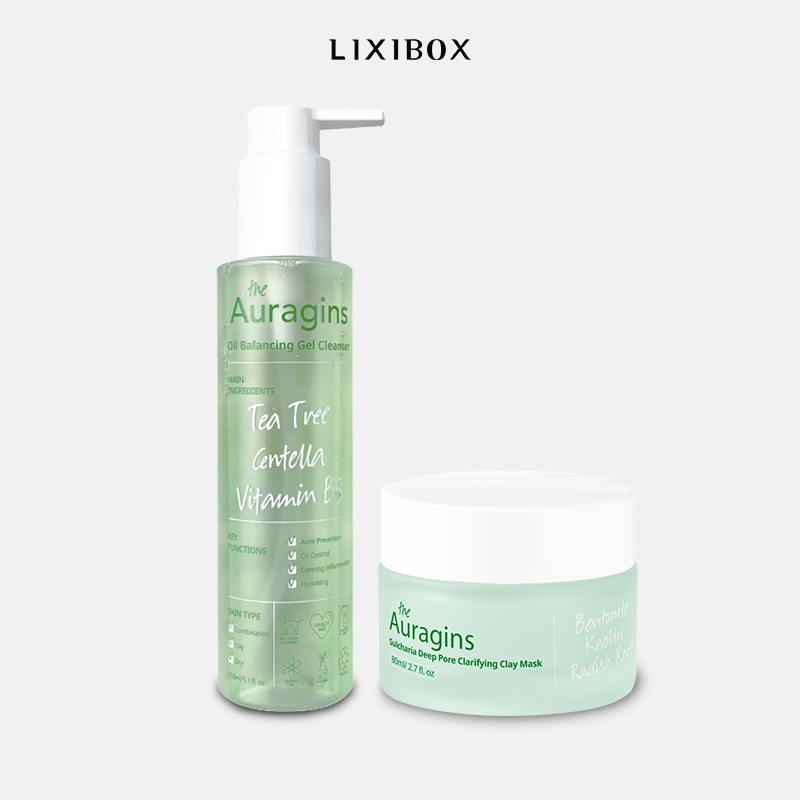Combo Mặt Nạ Đất Sét The Auragins Sulcharia Deep Pore Clarifying 80ml và Gel rửa mặt làm sạch sâu cho da dầu mụn The Auragins Oil Balancing Gel Cleanser 150ml