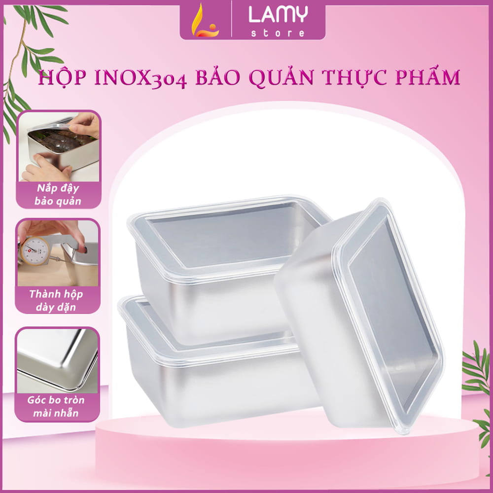 Set 5 hộp đựng bảo quản thực phẩm chất liệu inox 304 kèm nắp nhựa, hộp đựng thực phẩm tủ lạnh dùng được cho lò vi sóng