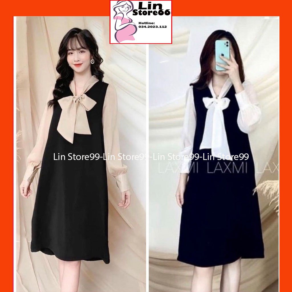 Đầm bầu. váy bầu thu đông tay dài, chất lụa hàn phối nơ xinh dáng suông a080 lin store66