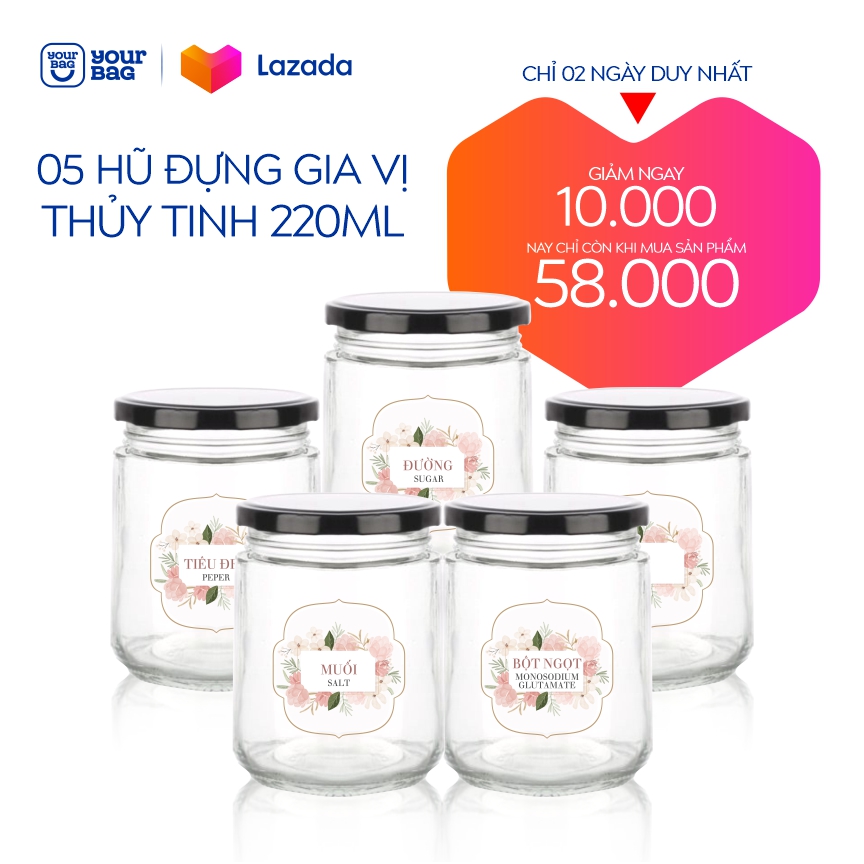 Bộ 05 hũ thủy tinh hũ đựng gia vị - hũ tròn 220ml nắp thiết, muối, đường, tiêu, bột nêm, bột ngọt - yourbag - hũ thủy tinh.
