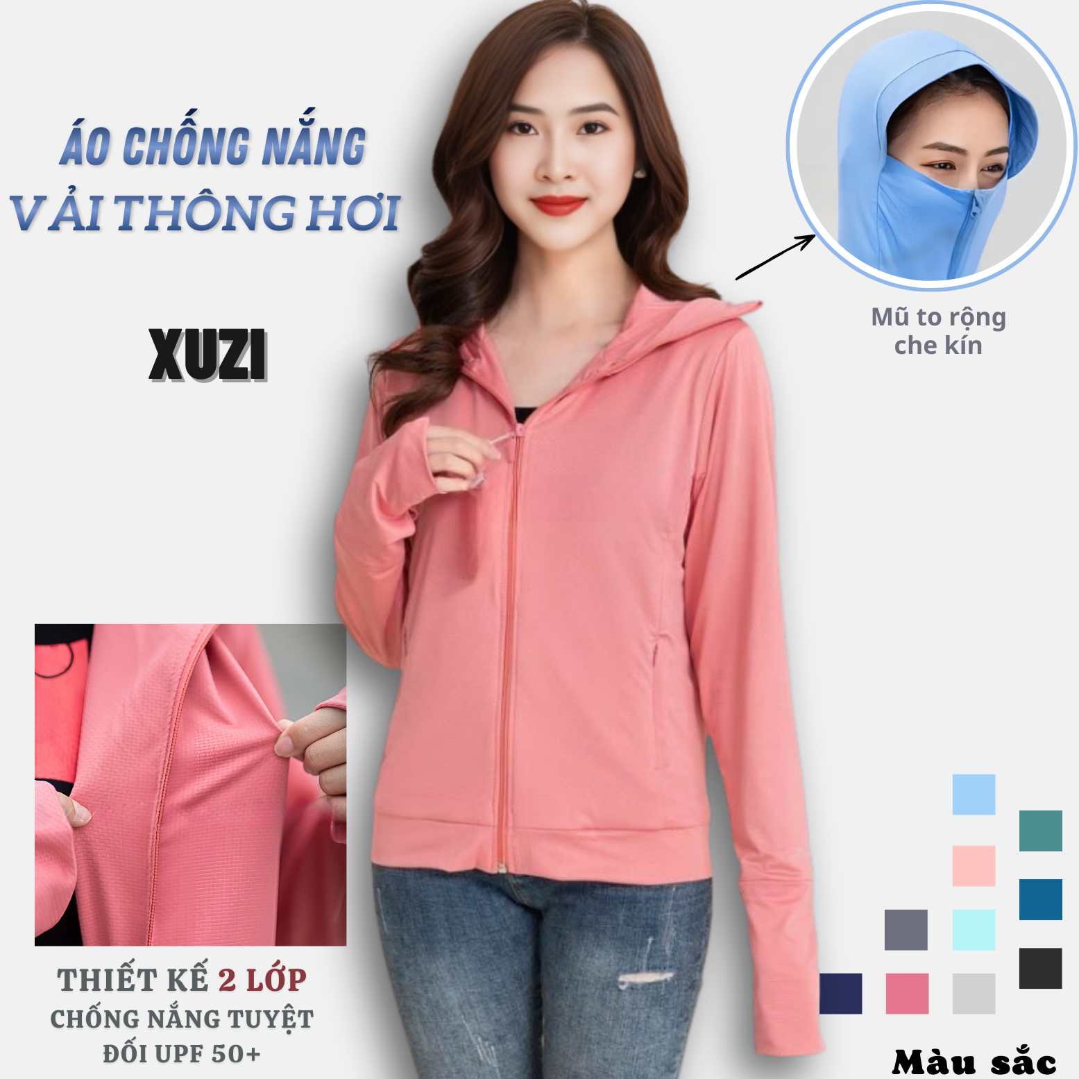 Áo chống nắng nữ 2 lớp XUZI, khoác chống nắng nữ ngắn vải thông hơi đai gấu to dày dặn cản tia UV bảo vệ làn da.