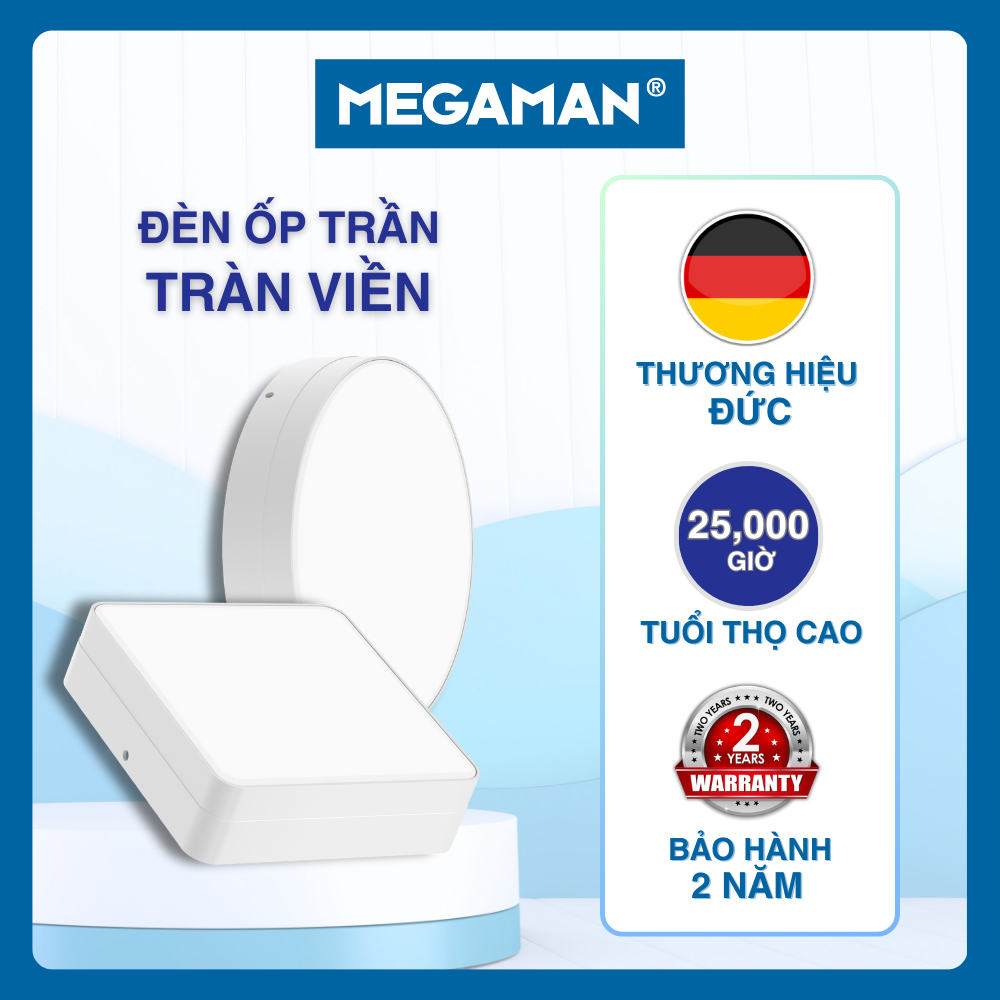 Chính hãng ĐỨC - BH 1 ĐỔI 1 - Đèn LED Ốp Trần Tràn Viền Tròn Vuông MEGAMAN công suất 12W 18W 24W