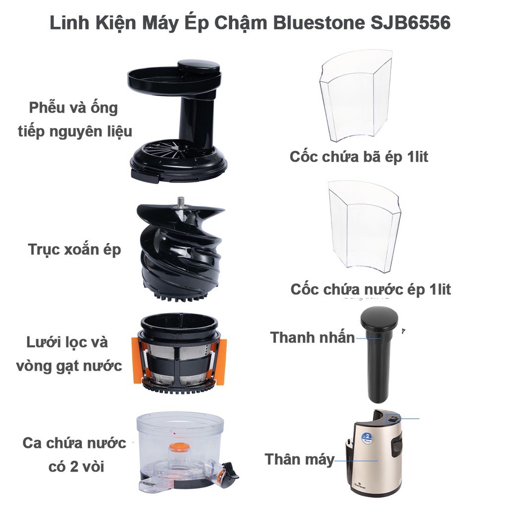 Linh Kiện phụ kiện Máy Ép Chậm Bluestone SJB-6556 lưới lọc, trục xoắn ép, phễu tiếp nguyên liệu, ca chứa nước ép 2 vòi Hàng Chính hãng